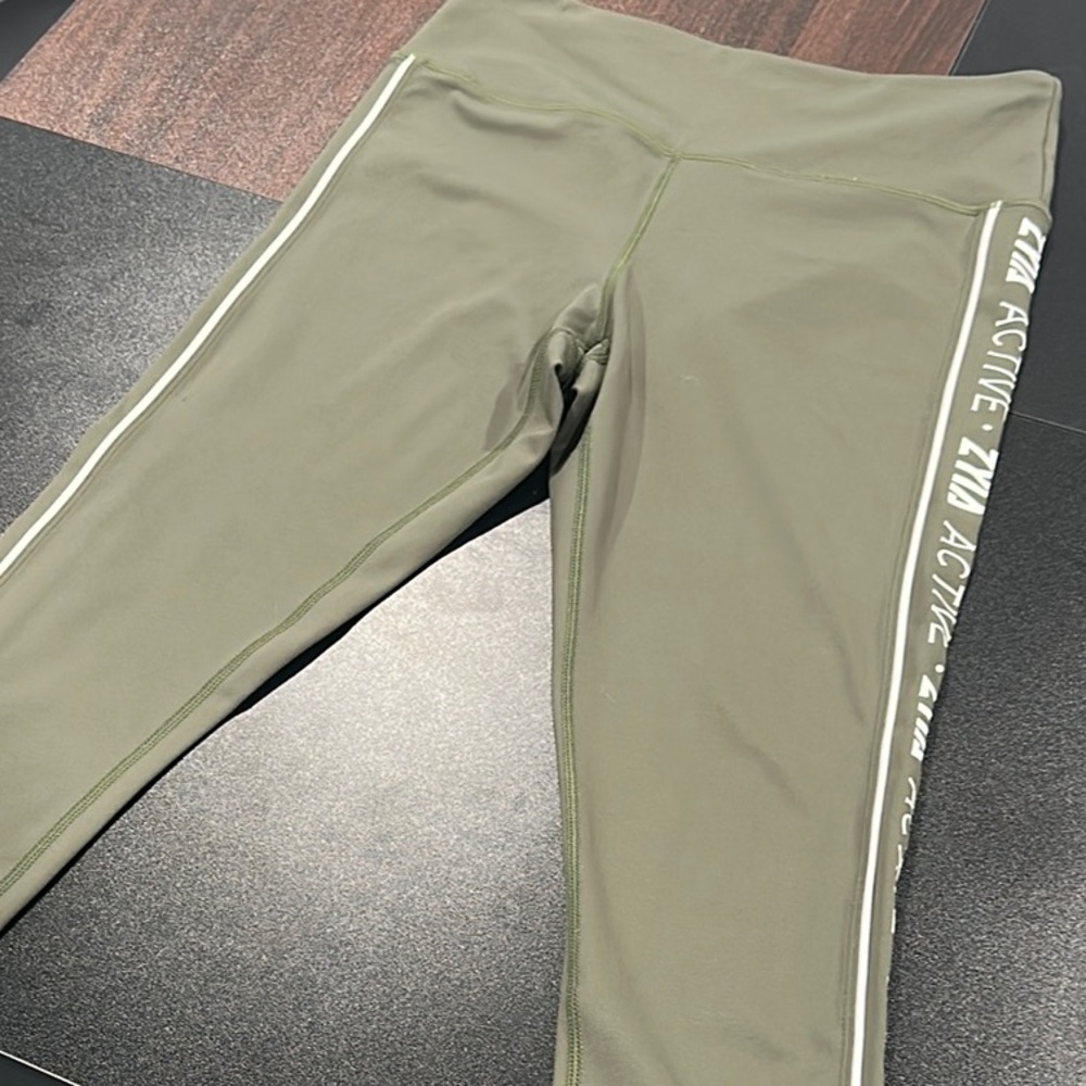 Olive Green Zyia Active Leggings with Side Stripes, capri length